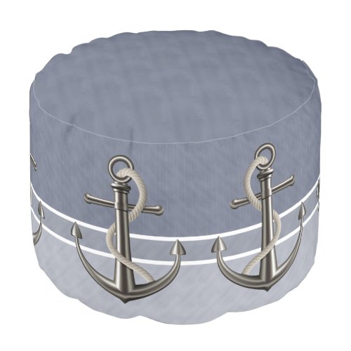 Blue Gray Tri_Toned Pinstriped Anchor Pouf