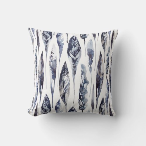 Blue gray tribal feathers pattern throw pillow