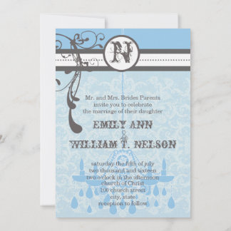 Blue & Gray Vintage Chandelier Damask Your Photo Invitation
