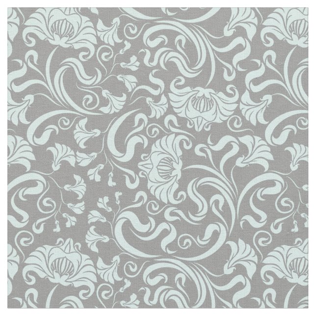 Blue Gray Vintage Floral Pattern Fabric (Close Up)