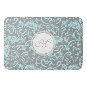 Blue Gray Vintage Floral Pattern Monogram Bath Mat