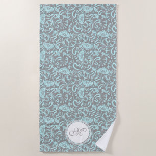 Blue Gray Vintage Floral Pattern Monogram Beach T Beach Towel