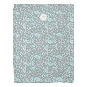 Blue Gray Vintage Floral Pattern Monogram Duvet C Cover