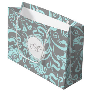 Blue Gray Vintage Floral Pattern Monogram L Gift B Large Gift Bag