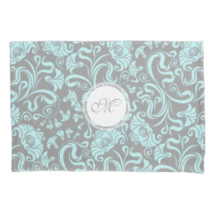 Blue Gray Vintage Floral Pattern Monogram Pillow C Case