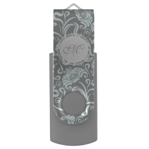 Blue Gray Vintage Floral Pattern Monogram USB Flash Drive