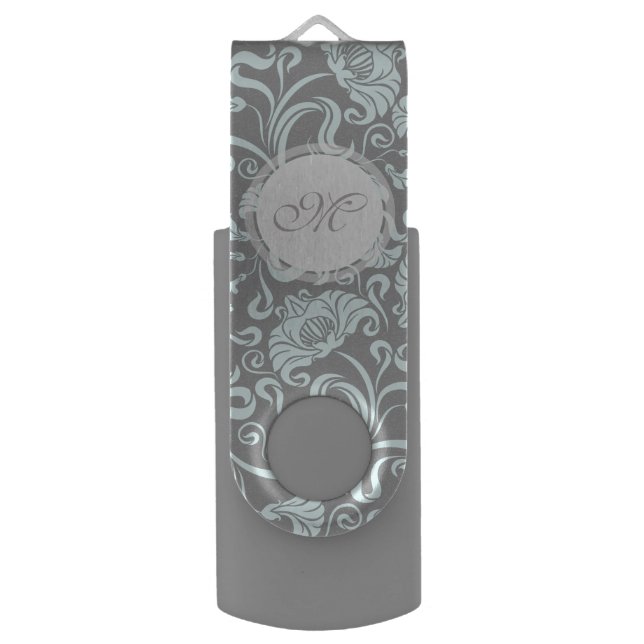 Blue Gray Vintage Floral Pattern Monogram USB Flash Drive (Front Vertical)