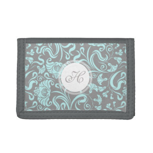 Blue Gray Vintage Floral Pattern Monogram Wallet