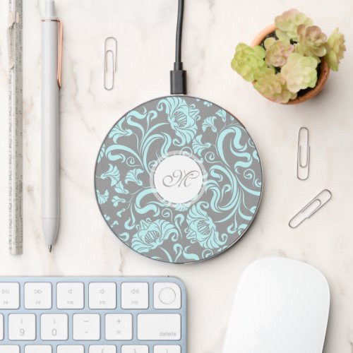 Blue Gray Vintage Floral Pattern Monogram WC Wireless Charger