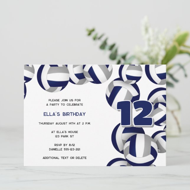 blue gray volleyball boys girls birthday party invitation (Standing Front)