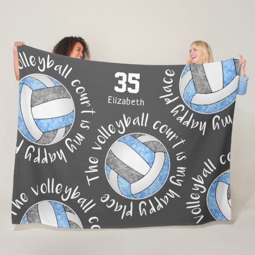 Blue gray volleyball court her happy place fleece blanket