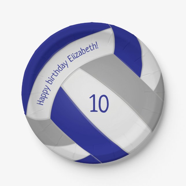 blue gray volleyball girls boys sports birthday paper plates (Front)