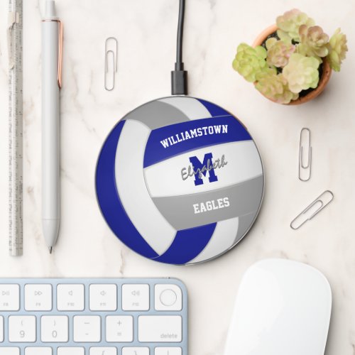 blue gray volleyball team colors personalized wireless charger 
