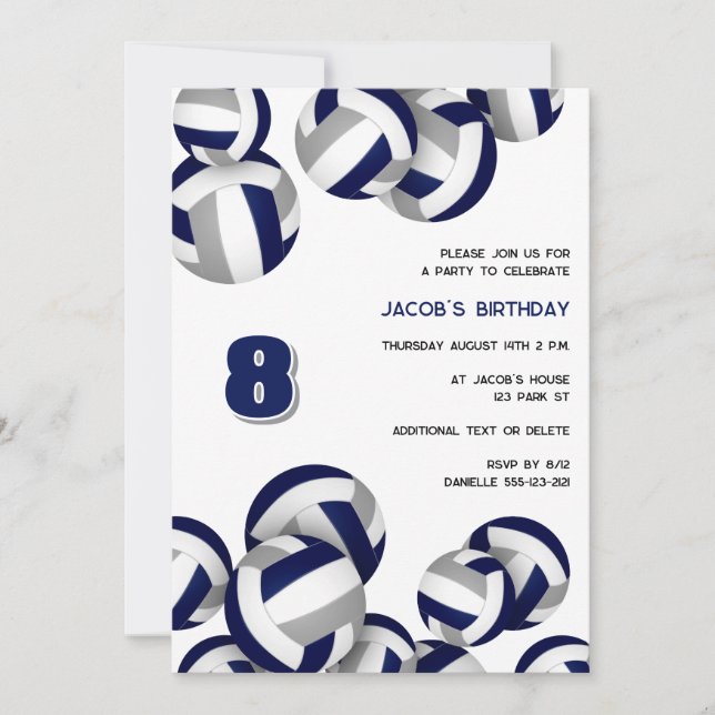 blue gray volleyballs birthday or team party invitation (Front)