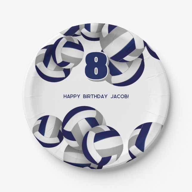 blue gray volleyballs kids birthday party paper plates (Front)
