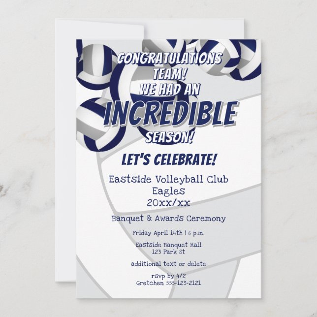 blue gray volleyballs kids school club team party invitation (Front)