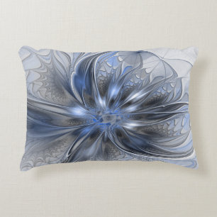 Blue Gray Watercolor Abstract Floral Fractal Art Accent Pillow