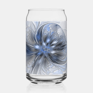 Blue Gray Watercolor Abstract Floral Fractal Art Can Glass