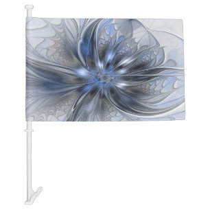 Blue Gray Watercolor Abstract Floral Fractal Art Car Flag