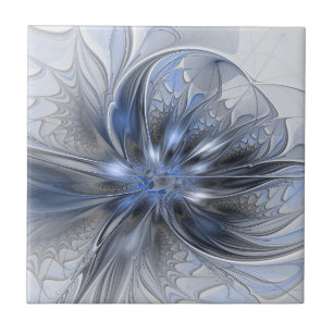 Blue Gray Watercolor Abstract Floral Fractal Art Ceramic Tile