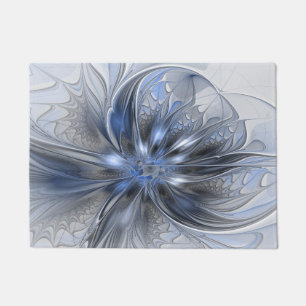 Blue Gray Watercolor Abstract Floral Fractal Art Doormat