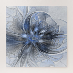 Blue Gray Watercolor Abstract Floral Fractal Art Jigsaw Puzzle