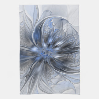 Blue Gray Watercolor Abstract Floral Fractal Art Kitchen Towel