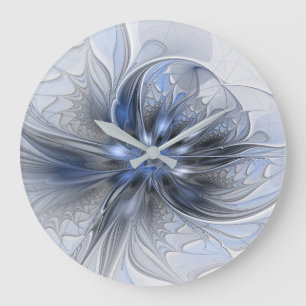 Blue Gray Watercolor Abstract Floral Fractal Art Large Clock