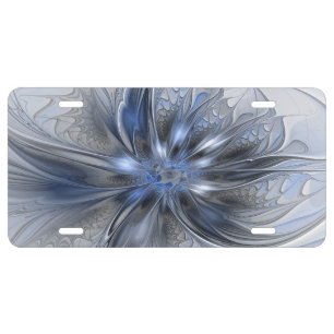 Blue Gray Watercolor Abstract Floral Fractal Art License Plate