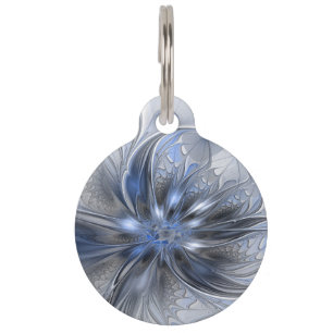 Blue Gray Watercolor Abstract Floral Fractal Art Pet ID Tag