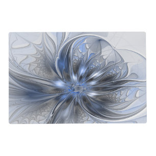Blue Gray Watercolor Abstract Floral Fractal Art Placemat