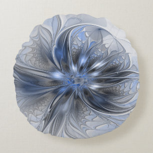 Blue Gray Watercolor Abstract Floral Fractal Art Round Pillow