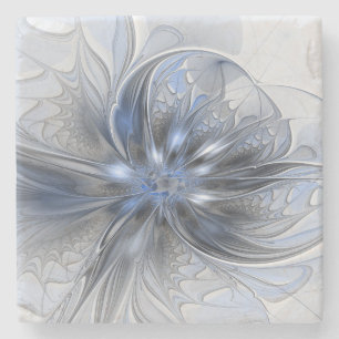 Blue Gray Watercolor Abstract Floral Fractal Art Stone Coaster