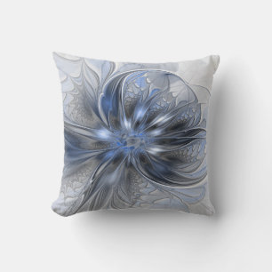 Blue Gray Watercolor Abstract Floral Fractal Art Throw Pillow