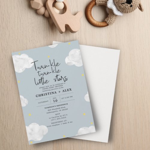 Blue Gray Watercolor Clouds Twin Boys Baby Shower Invitation