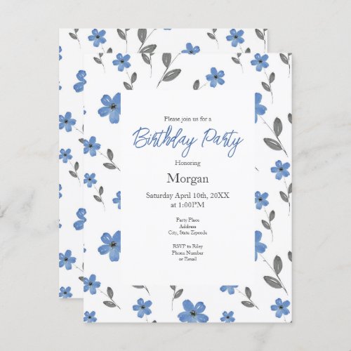 Blue Gray Watercolor Five Petal Flower  Pattern Invitation