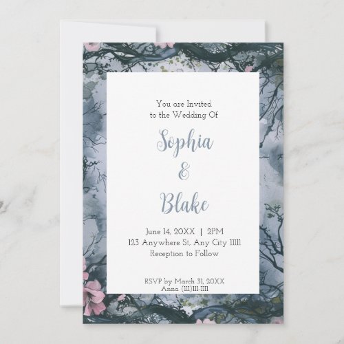 Blue Gray Watercolor Gothic Wedding Invitation