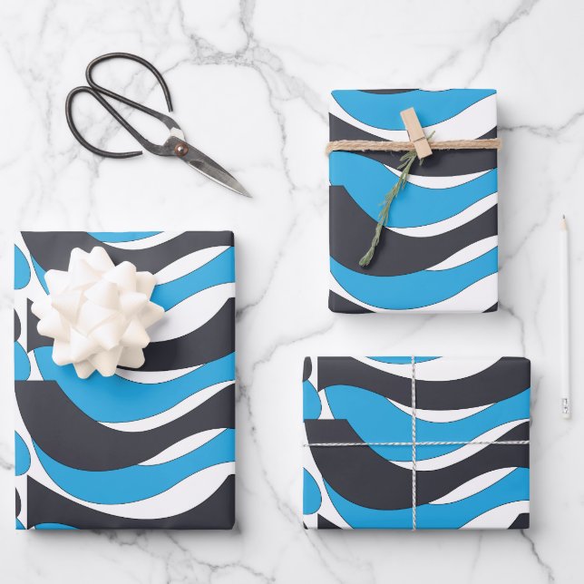 Blue Gray Wave Stripes Wrapping Paper Sheets (Front)