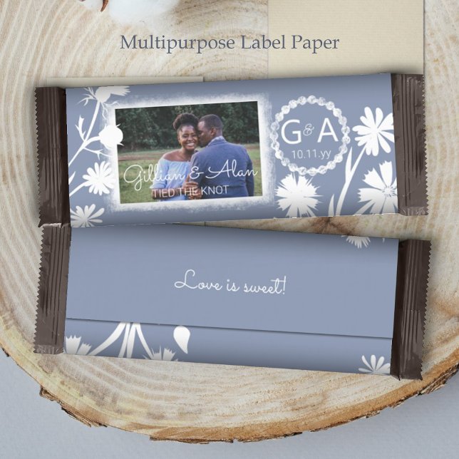 Blue-Gray Wedding Budget Photo Candy Bar Wrapper (blue white floral wedding personalized chocolate candy bar wrapper label paper custom party favor)