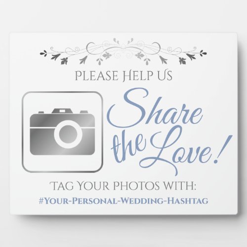 Blue  Gray Wedding Photo Share Hashtag Sign Plaque