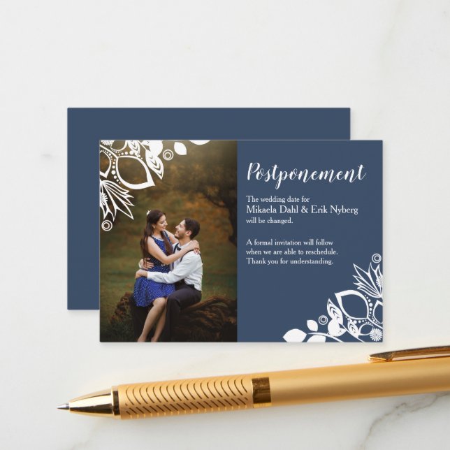 Blue Gray Wedding Postponement Card (Front/Back In Situ)