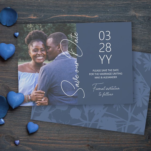 Blue-Gray Wedding Save the Date Invitation (slate blue anchor navy grey save the date cards, simple minimalistic elegant script save our date)