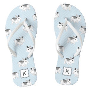 Blue Gray Whimsical Bunnies with Monogram Flip Flops