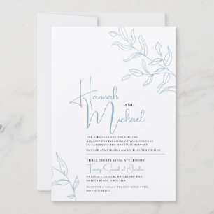 Blue gray white branch of leaves sketch wedding invitation