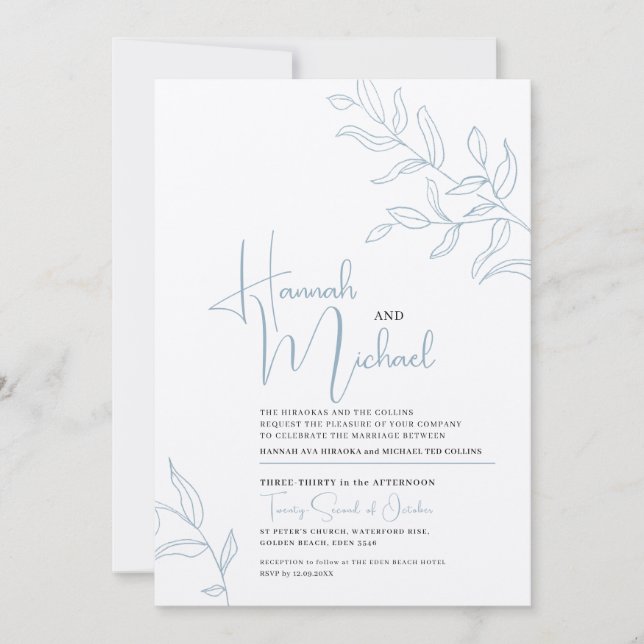 Blue gray white branch of leaves sketch wedding invitation (Front)