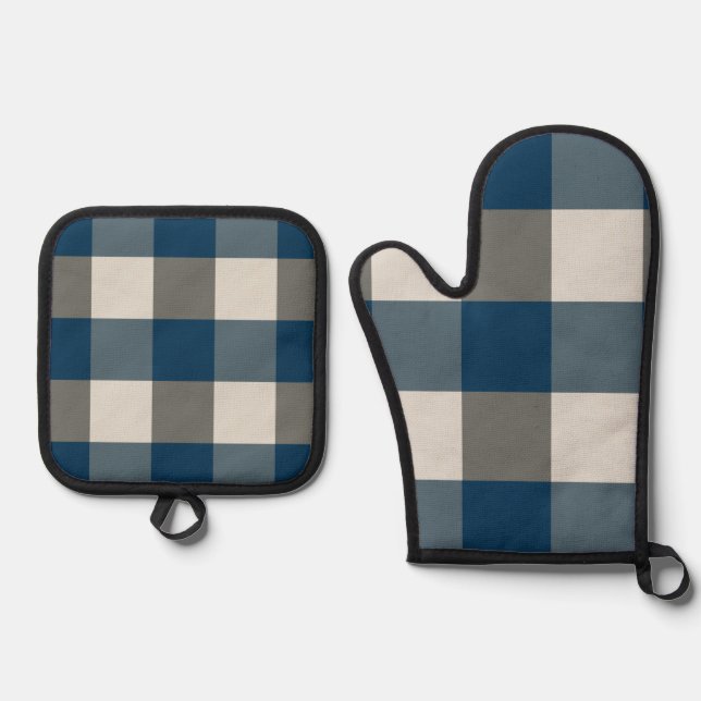 Blue Gray White Buffalo Check  Oven Mitt & Pot Holder Set (Front)