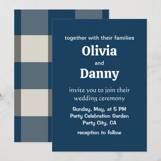 Blue Gray White Buffalo Check Wedding Invitation (Front/Back)