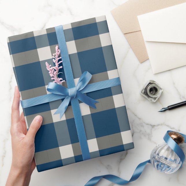 Blue Gray White Buffalo Check  Wrapping Paper (Gifting)