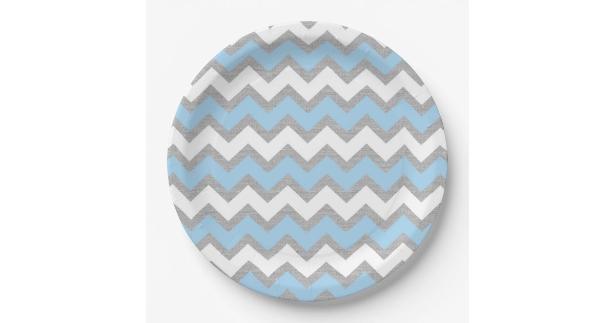 Blue Gray White Chevron Baby Shower Decor Paper Plate Zazzle Com
