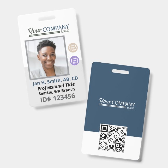 Blue-Gray White Employee Photo ID, Logo & QR Code Badge (Front & Back)